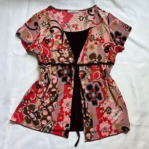 American Vintage Red and Pink Tie Front Blouse